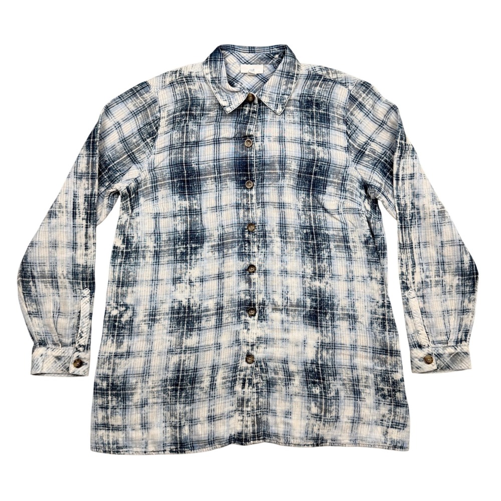 J. Jill Button Down Women S Blue Plaid Acid Wash Distressed Gauze Long Sleeve